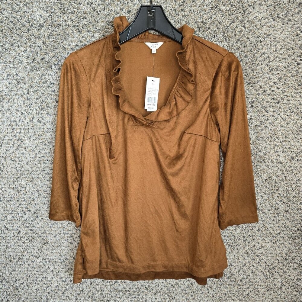 Crown &‎ Ivy Top Womens Small Brown Faux Suede Ruffle Collar Blouse Ladies